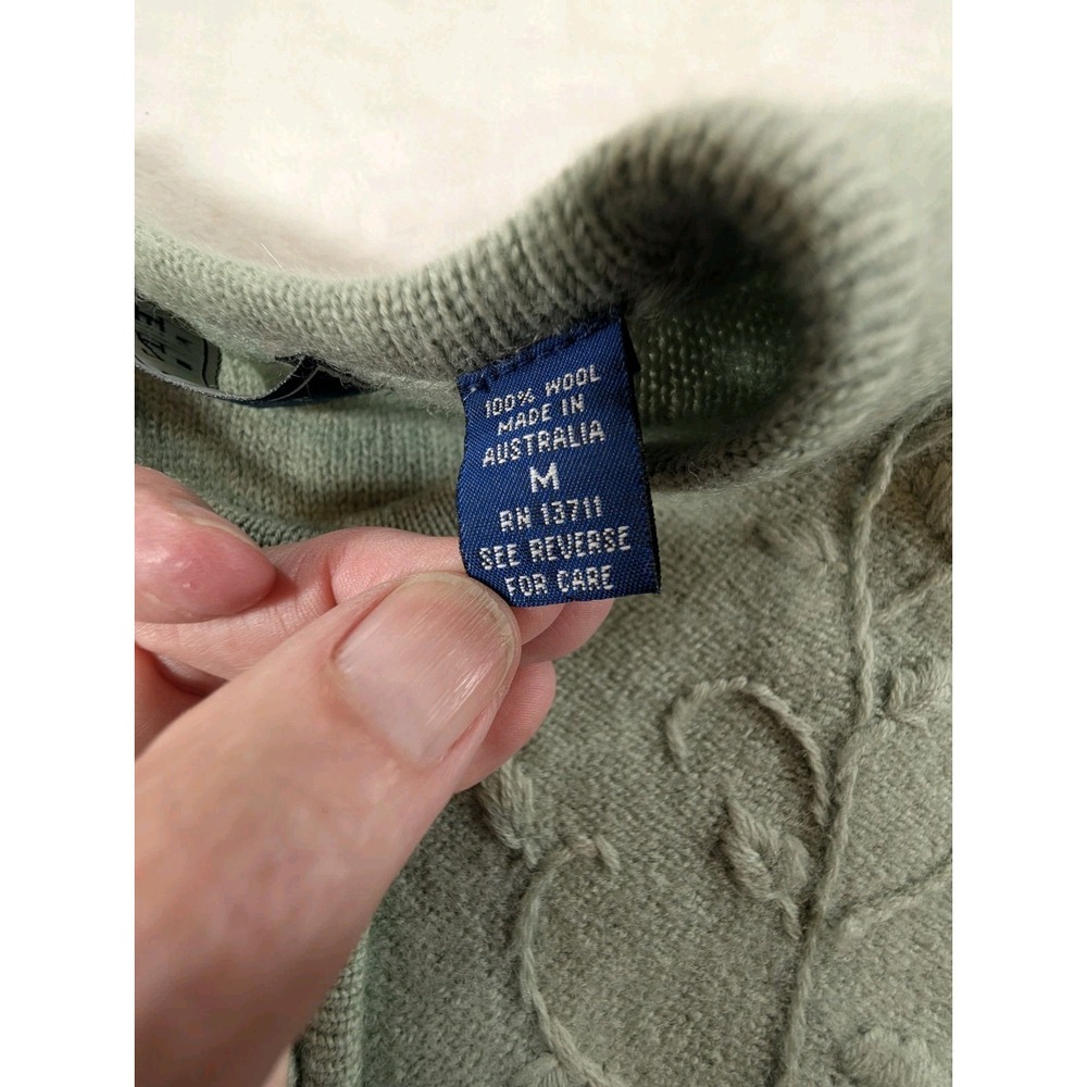 VTG Karen Scott Pure Wool Cardigan Sweater Medium Green Raised Floral Grandma - Picture 7 of 11